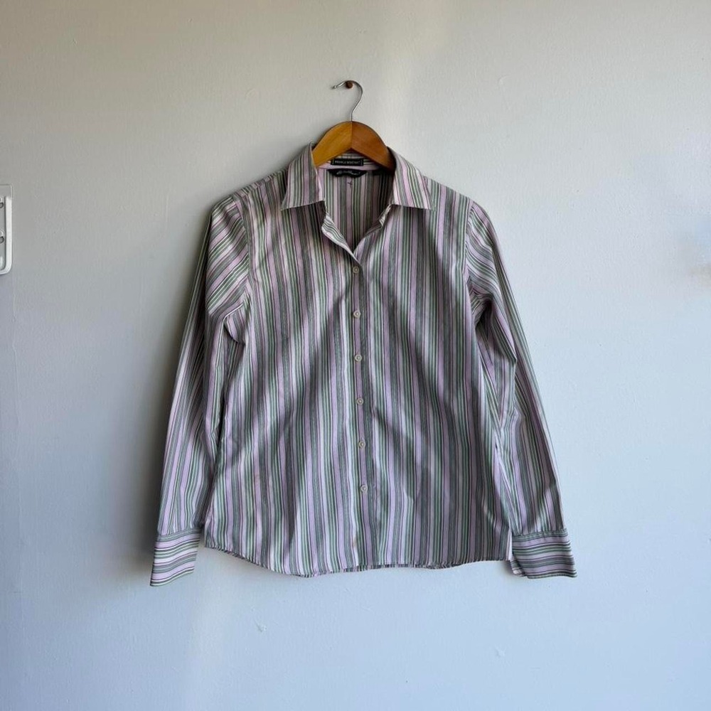 Eddie Bauer pink and green cotton striped button up shirt